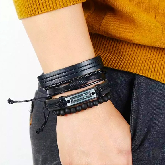 Men’s Genuine Leather Layered Bracelet - Picture 1 of 4